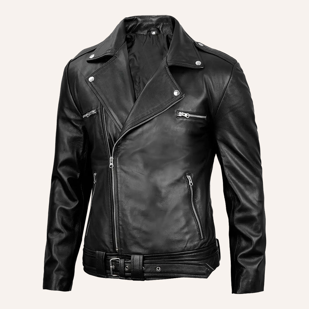 Men’s Classic Black Real Leather Belted Double Rider Biker Jacket