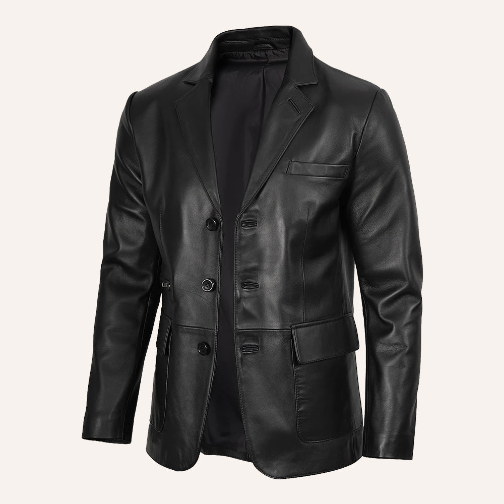 Men’s Classic Tailored Black Real Leather Blazer Jacket
