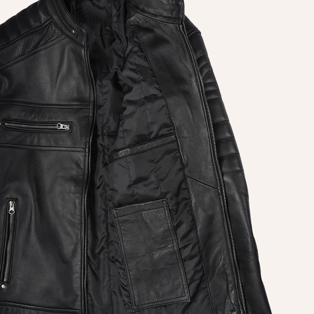 Men’s Classic Black Real Leather Cafe Racer Biker Jacket