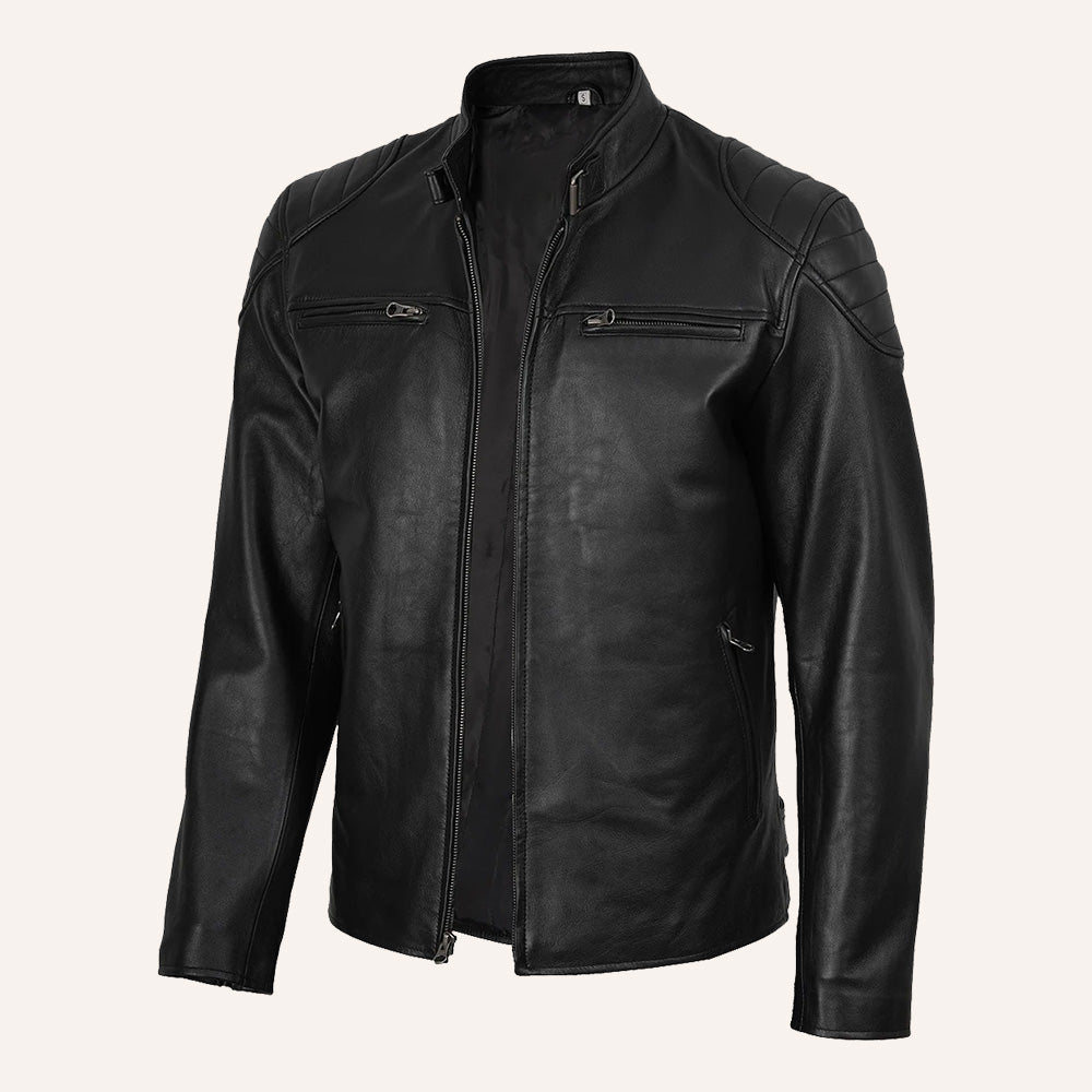 Men’s Classic Black Real Leather Quilted Cafe Racer Jacket