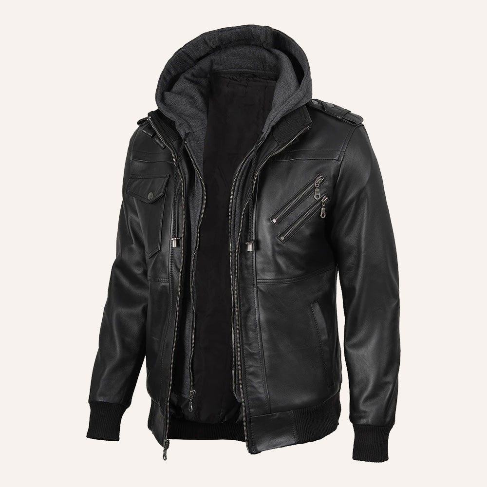 Men’s Black Real Leather 2-in-1 Hooded Bomber Jacket with Removable Hood