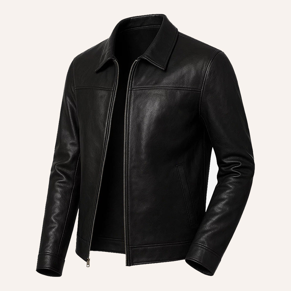 Men’s Classic Black Leather Jacket with Shirt Collar