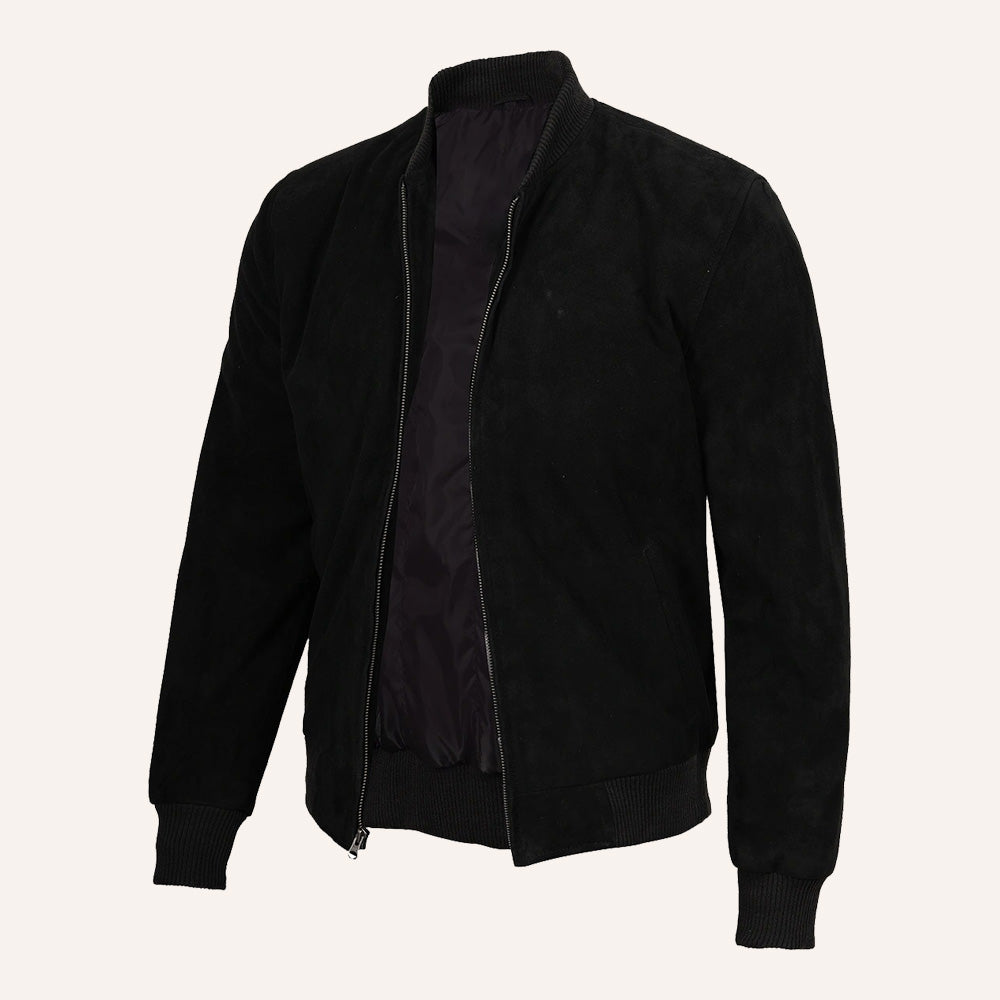 Men’s Classic Black Suede Leather Bomber Jacket