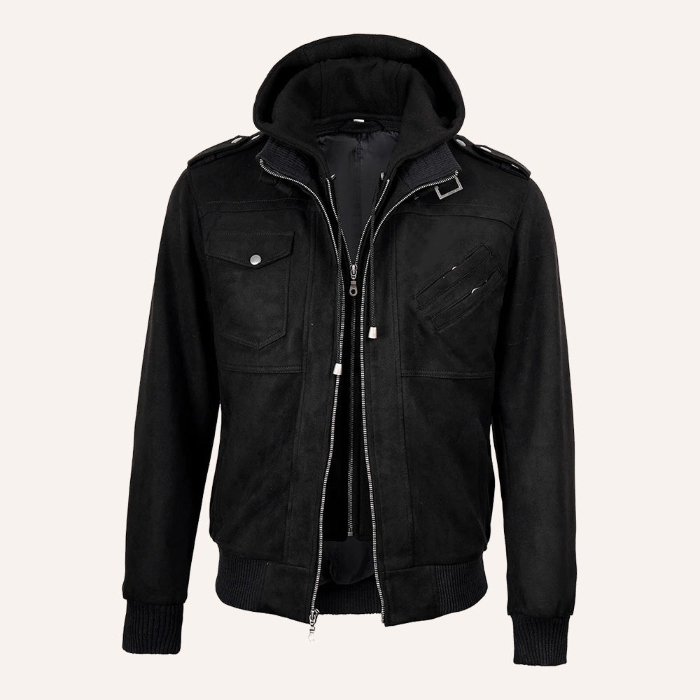 Men’s Classic Black Real Suede 2-in-1 Hooded Bomber Jacket with Removable Hood