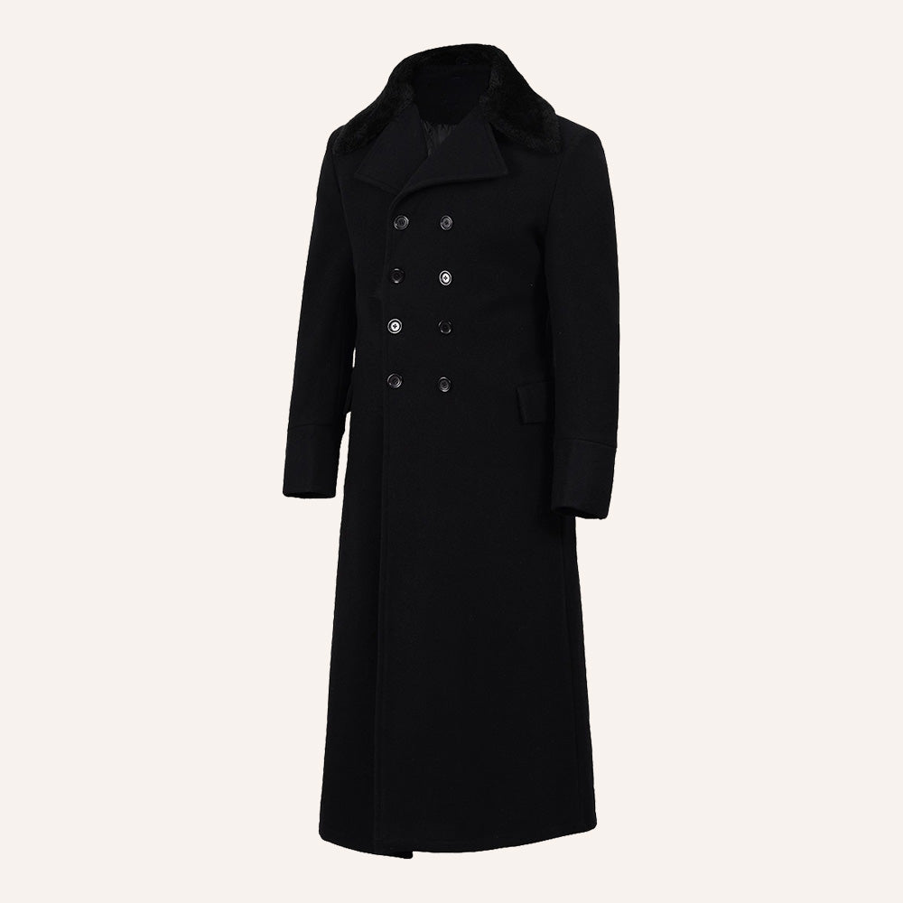 Men’s Classic Black Long Wool Greatcoat with Faux Fur Collar