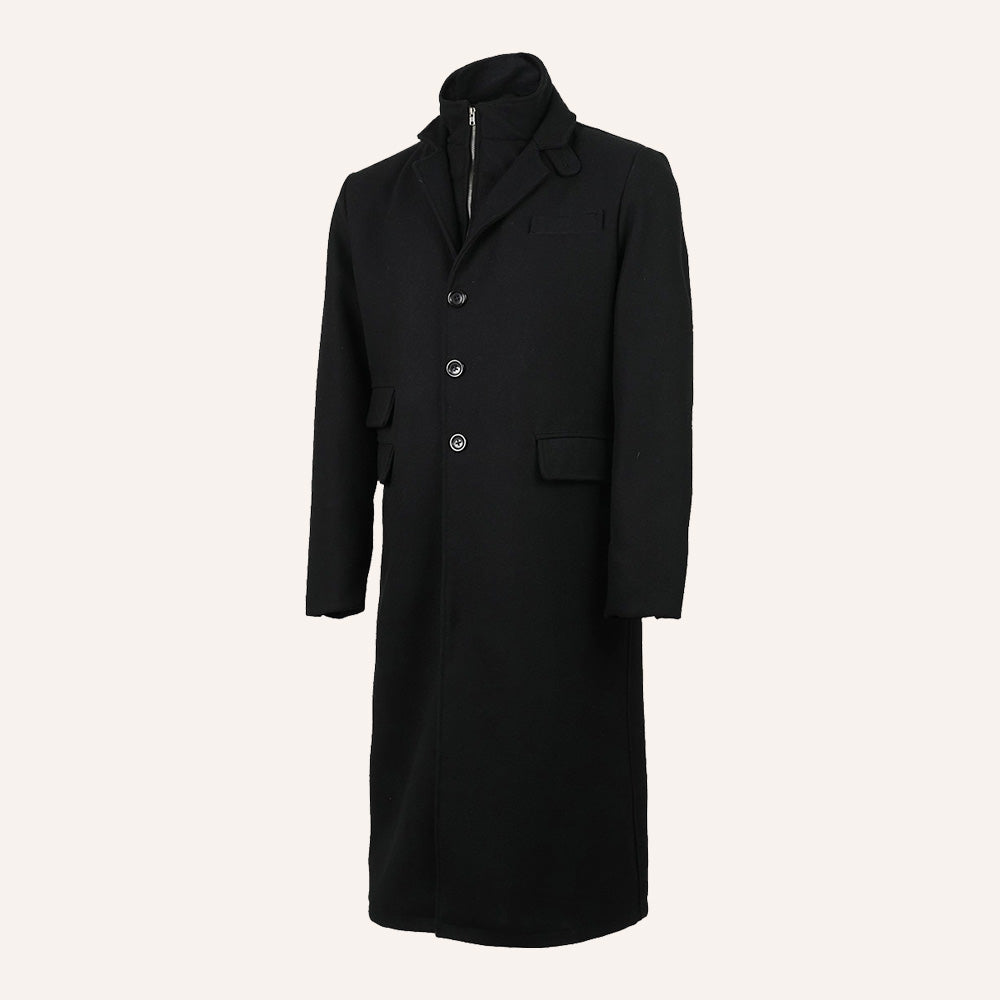 Men’s Classic Black Wool Long Overcoat with Removable Zip Vest