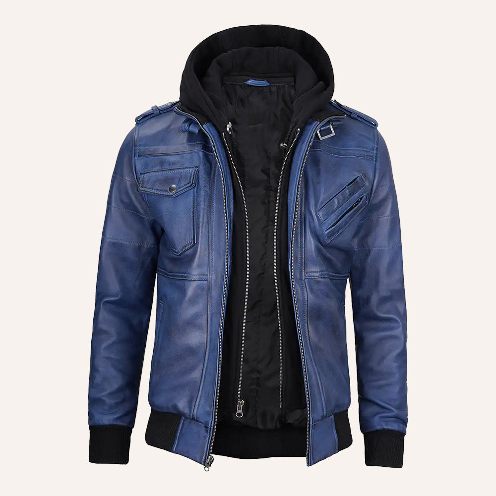 Men’s Vintage Blue Real Leather 2-in-1 Hooded Bomber Jacket with Removable Hood