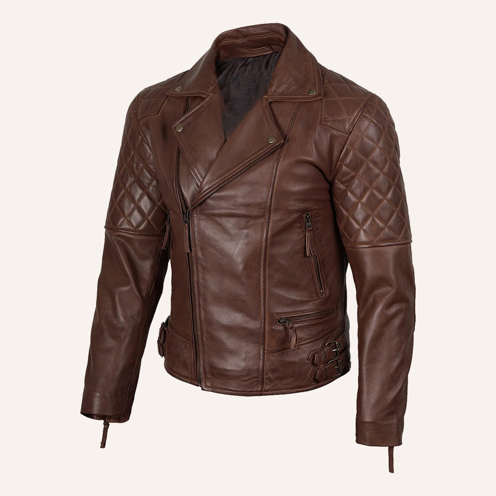 Men’s Classic Brown Real Leather Quilted Biker Jacket