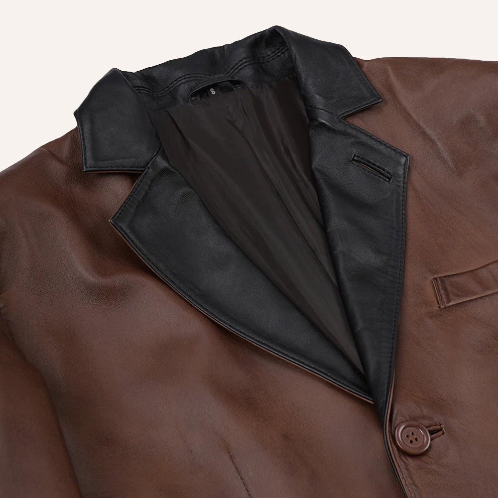 Men’s Classic Two-Tone Brown Real Leather Blazer with Black Lapel
