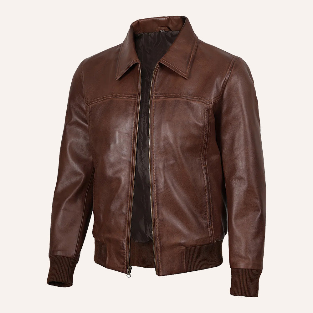 Men’s Classic Brown Real Leather Shirt-Collar Bomber Jacket