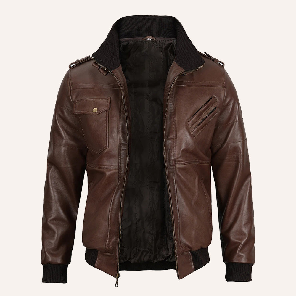Men’s Brown Real Leather 2-in-1 Hooded Bomber Jacket with Removable Maroon Hood
