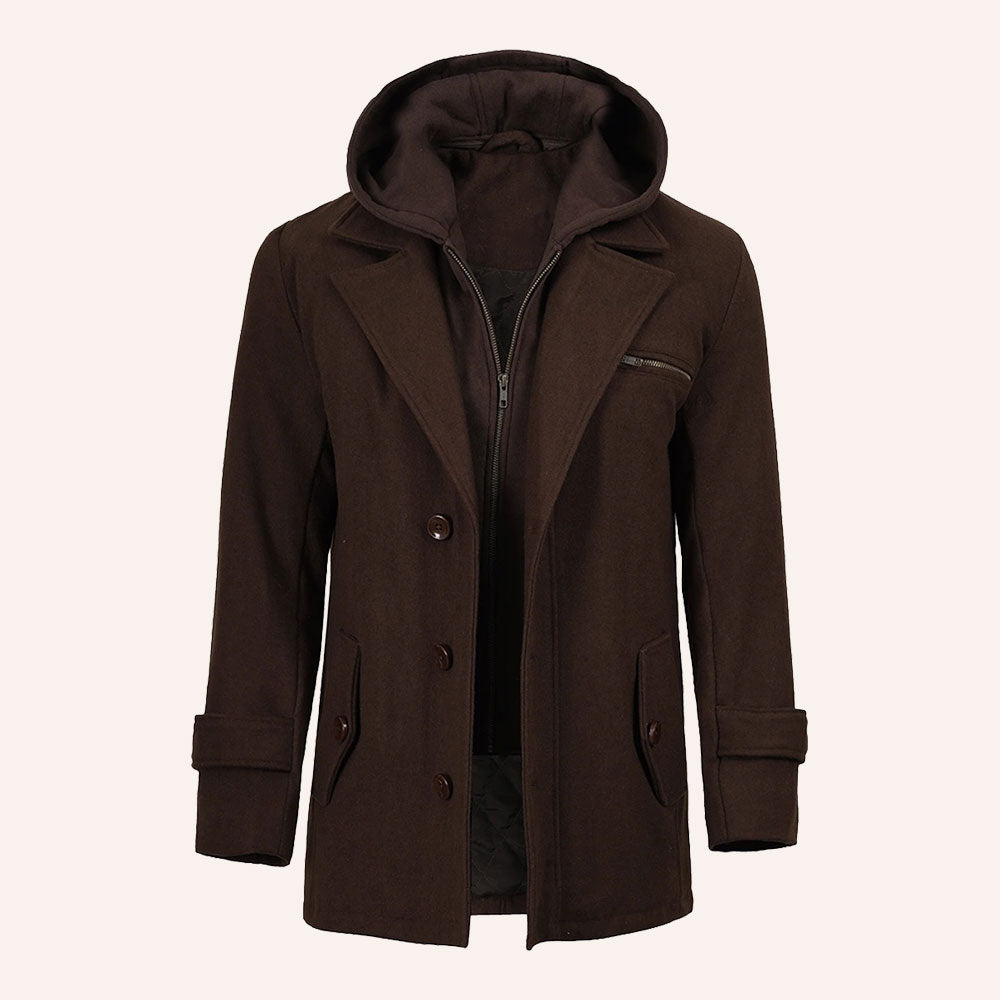 Men’s Classic Dark Brown Wool Pea Coat with Removable Hood