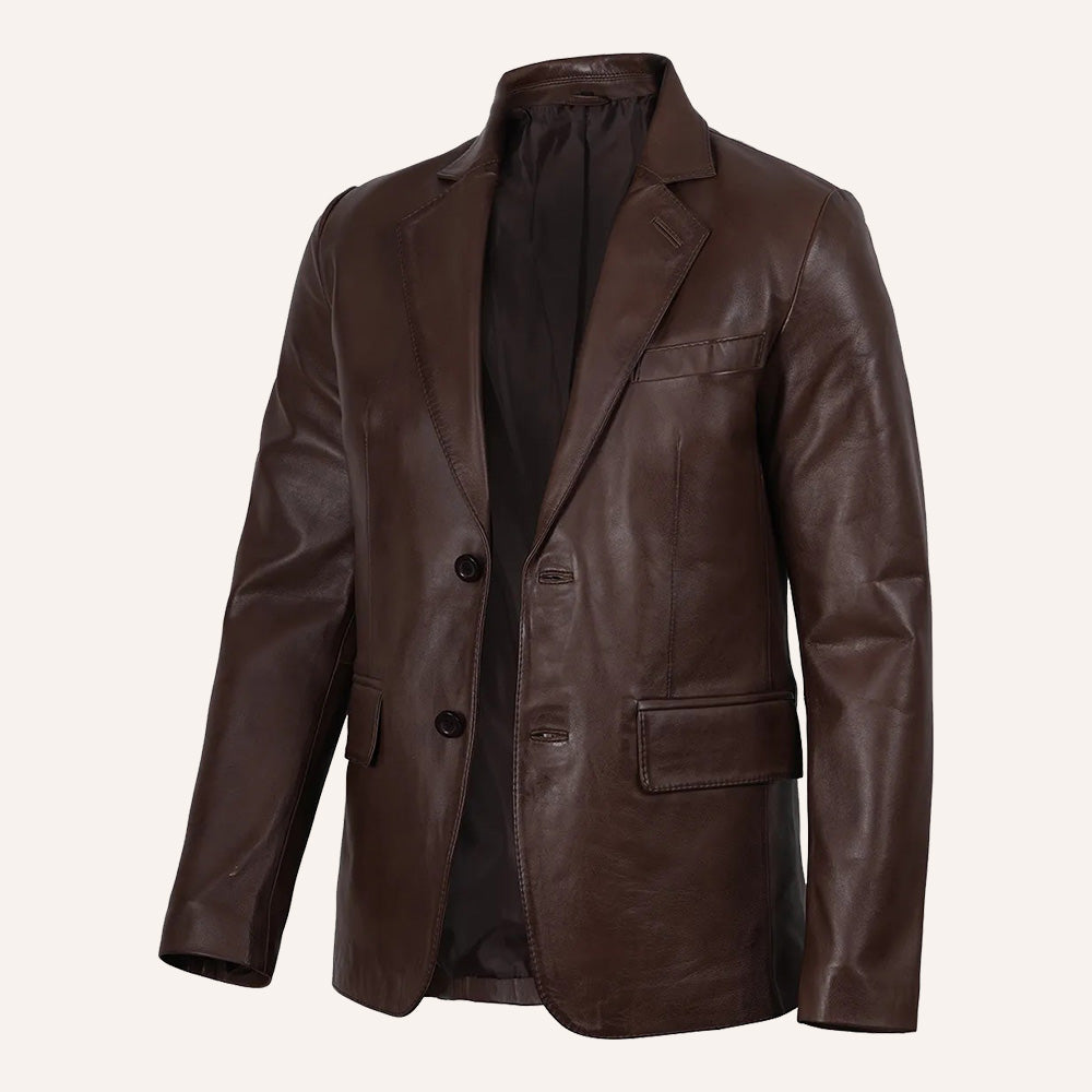 Men’s Classic Dark Brown Real Leather Two-Button Blazer Jacket