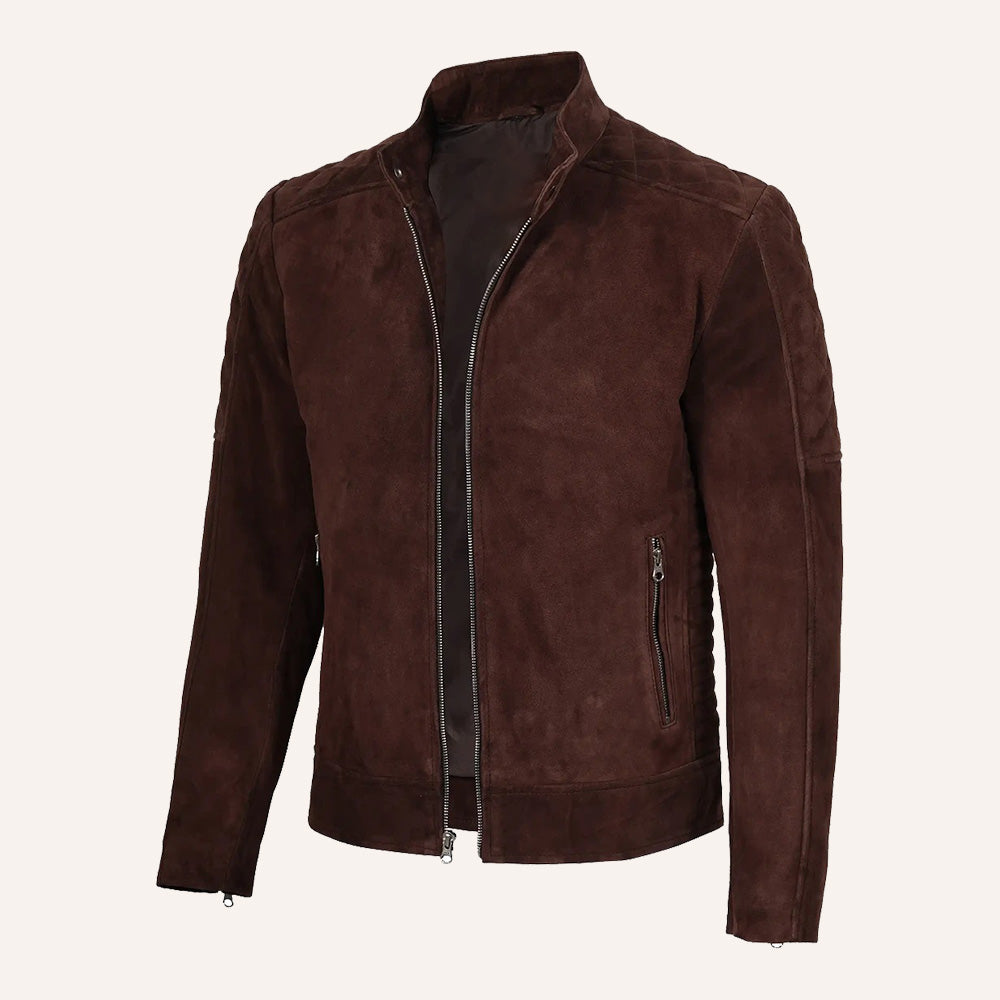 Men’s Classic Dark Brown Quilted Real Suede Biker Jacket