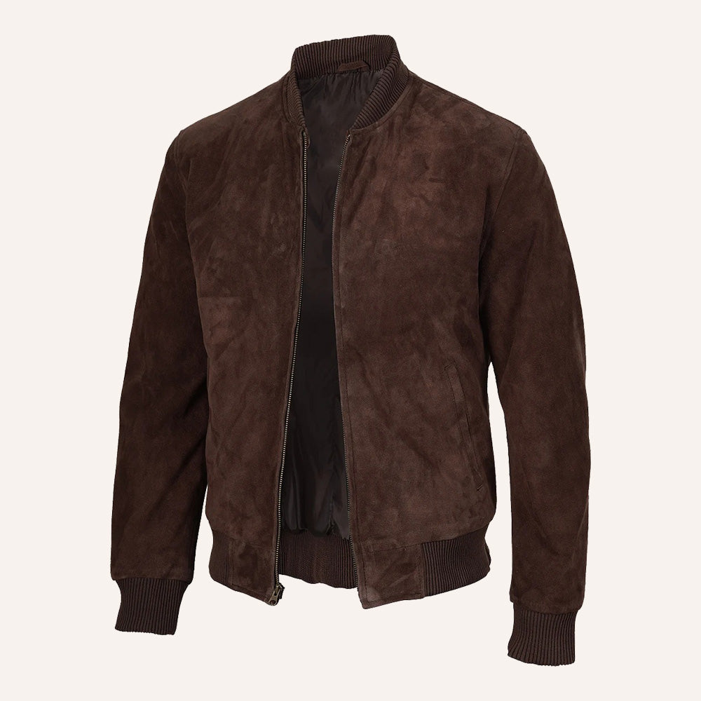 Men’s Classic Dark Brown Suede Bomber Jacket