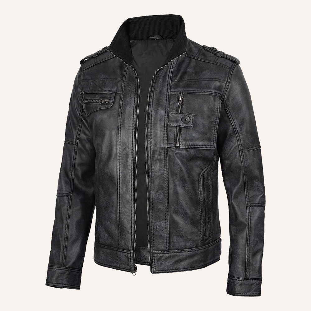 Men’s Distressed Black Real Leather Rib Collar Biker Jacket