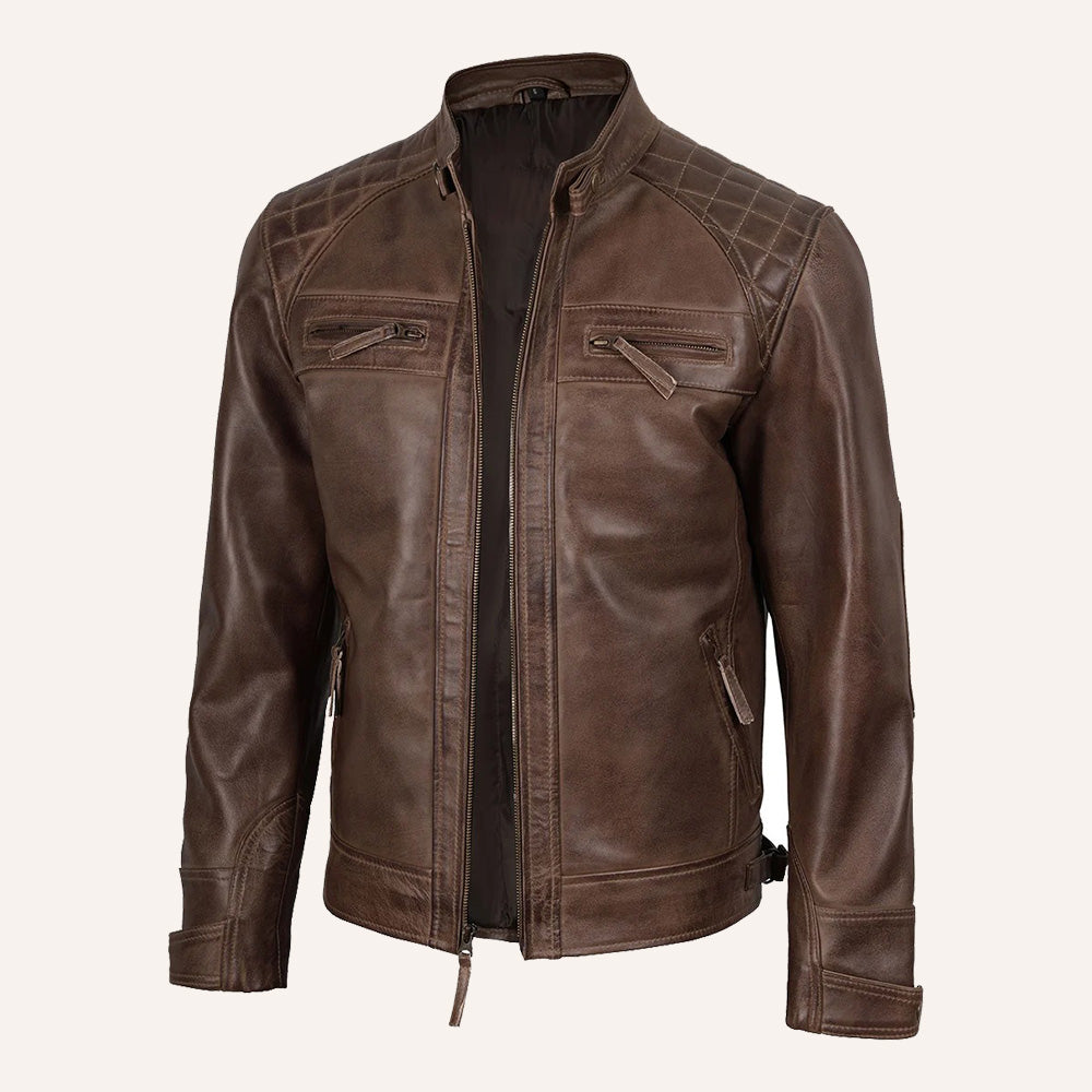 Men’s Distressed Brown Real Leather Quilted Biker Jacket