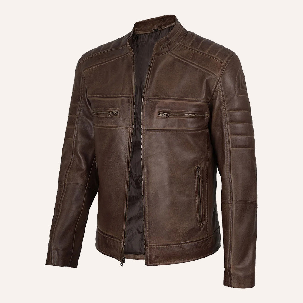 Men’s Distressed Brown Real Leather Cafe Racer Biker Jacket