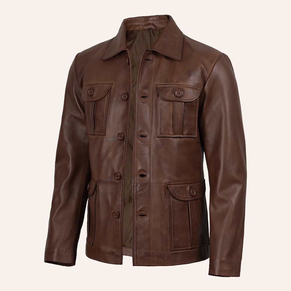 Men’s Classic Distressed Brown Real Leather Safari Field Jacket