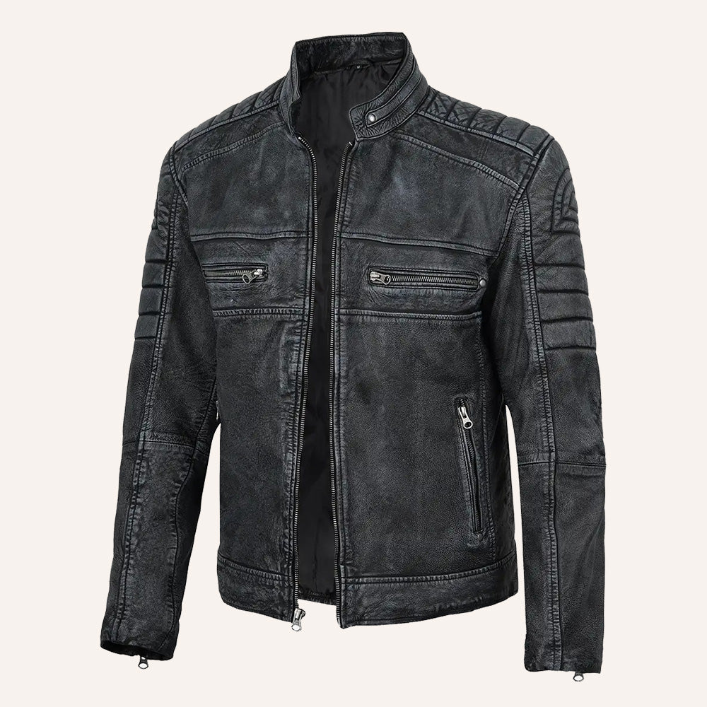 Men’s Distressed Grey Real Leather Cafe Racer Biker Jacket