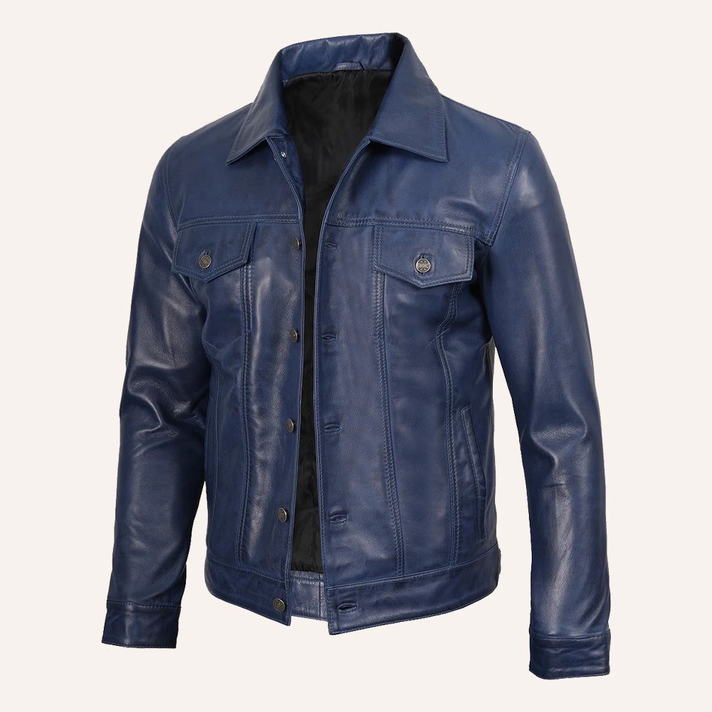 Men’s Classic Navy Blue Real Leather Trucker Jacket