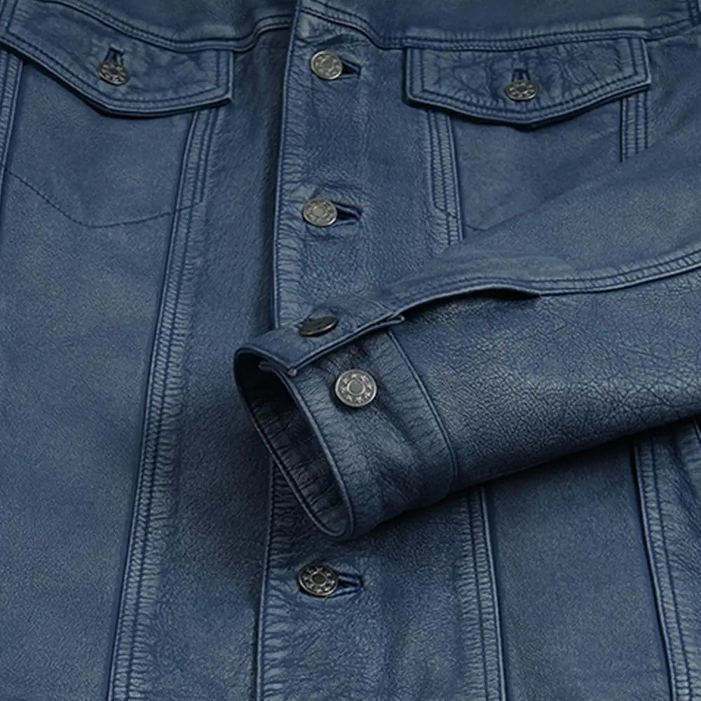 Men’s Vintage Navy Blue Real Leather Trucker Jacket