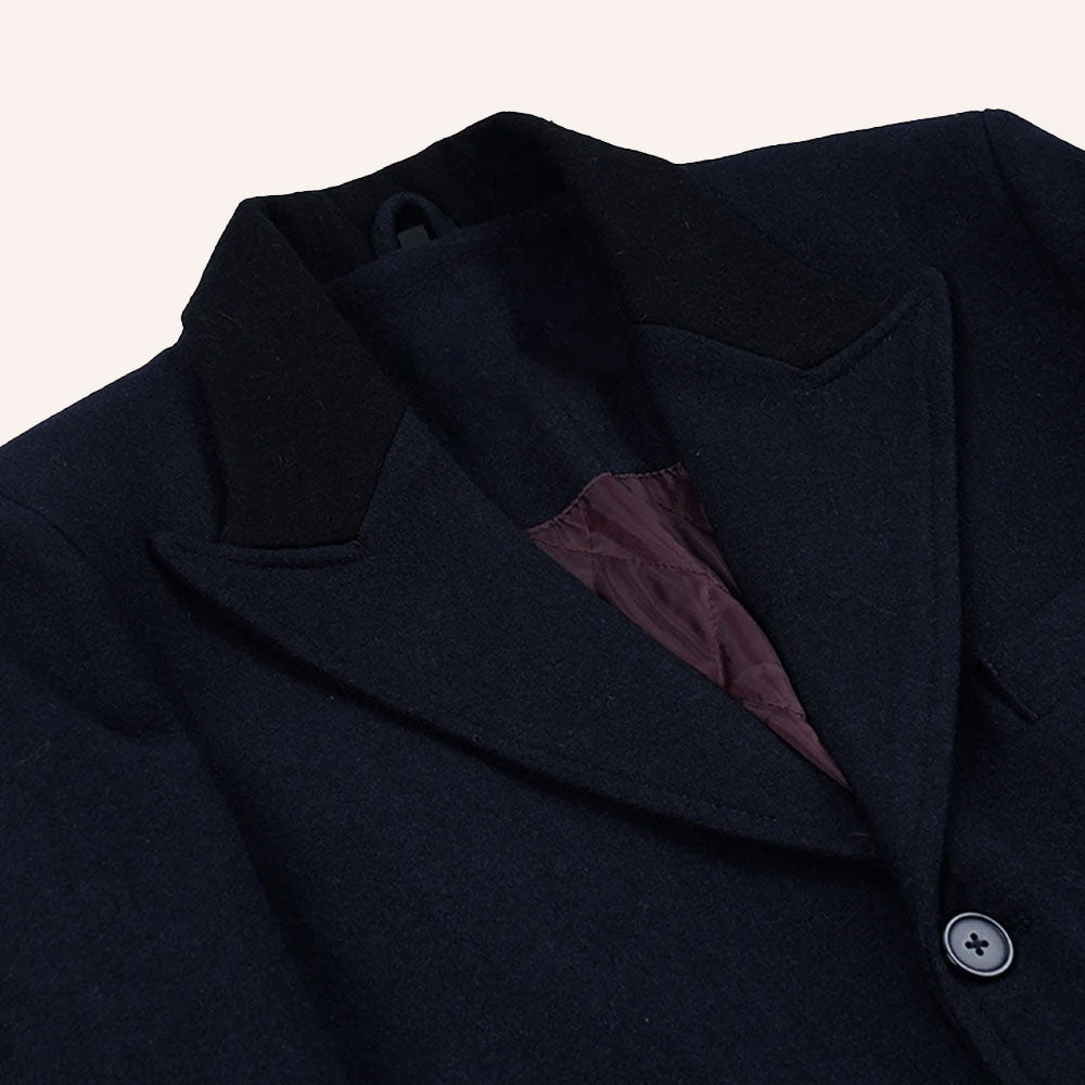 Men’s Classic Navy Blue Wool Overcoat with Velvet Collar