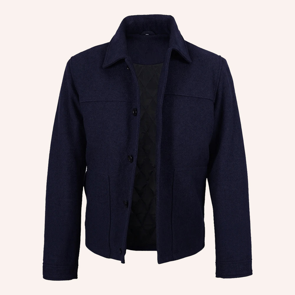 Men’s Classic Navy Blue Wool Shirt Jacket with Quilted Lining