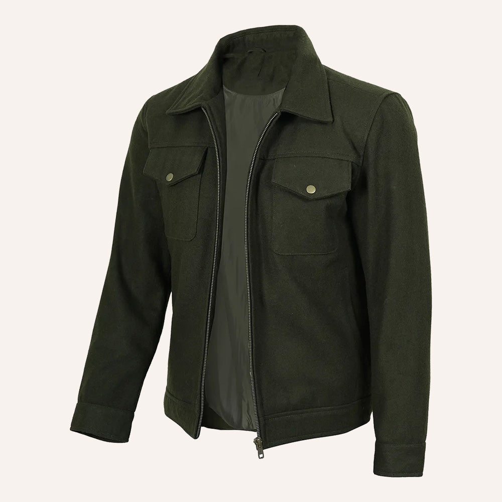 Men’s Classic Olive Green Wool Zip-Up Trucker Jacket