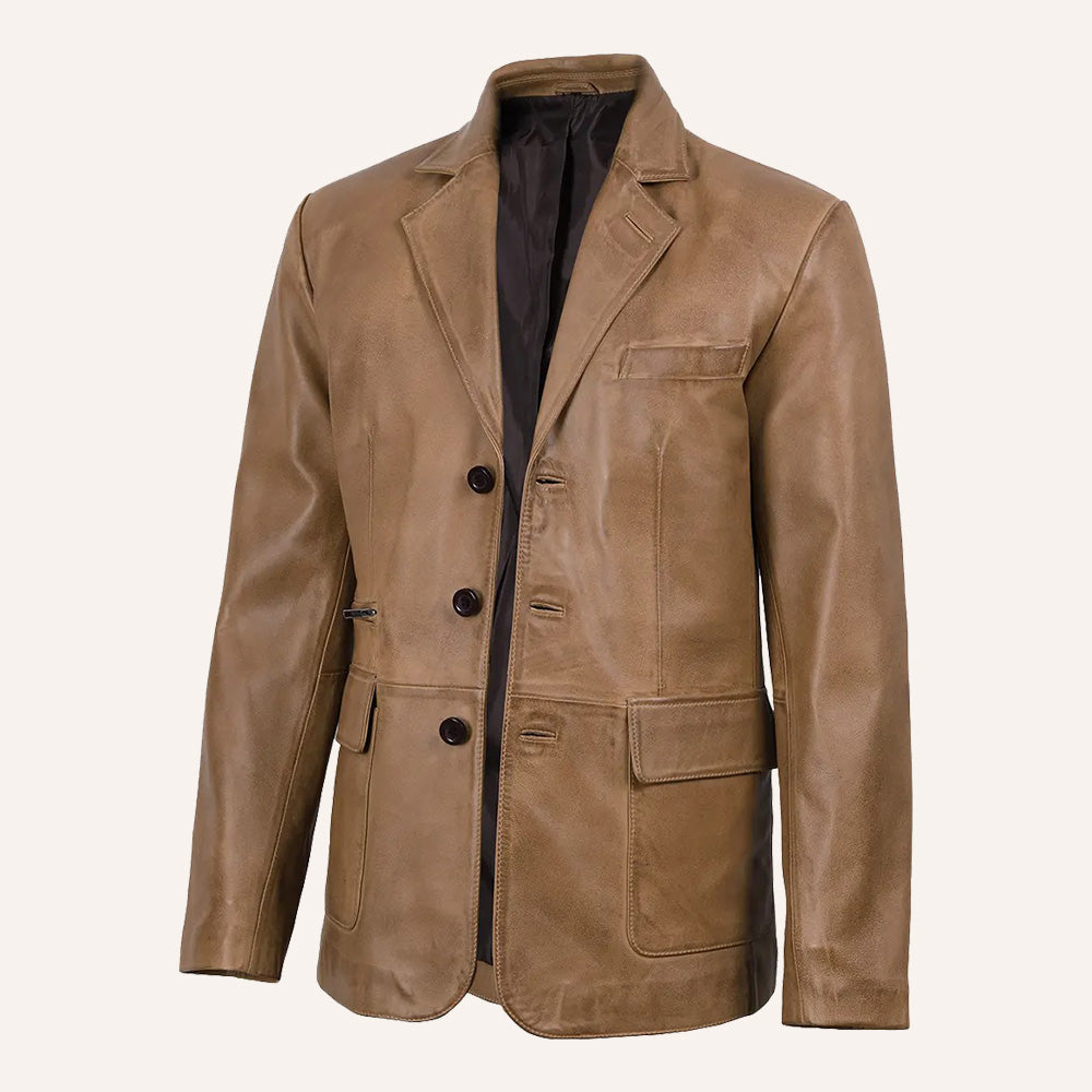 Men’s Classic Tailored Tan Brown Real Leather Blazer Jacket