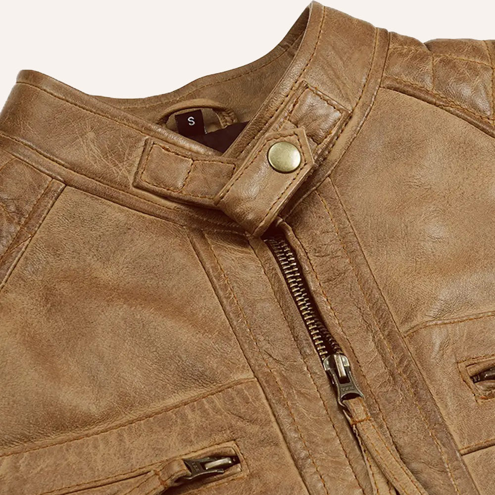 Men’s Distressed Tan Brown Real Leather Cafe Racer Biker Jacket