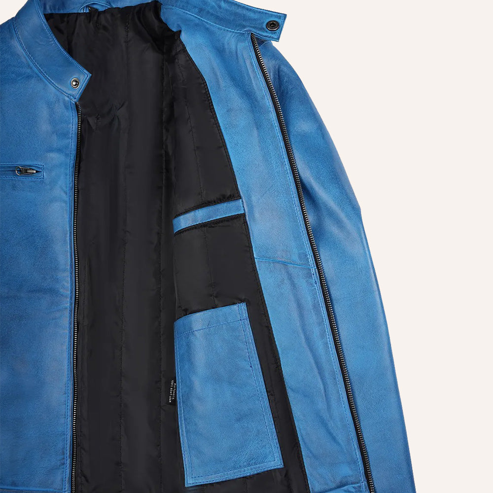 Men’s Vintage Blue Real Leather Cafe Racer Biker Jacket