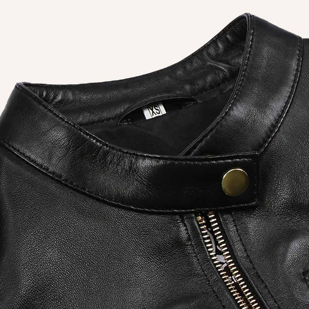 Women’s Classic Black Real Leather Cafe Racer Biker Jacket with Gold Hardware