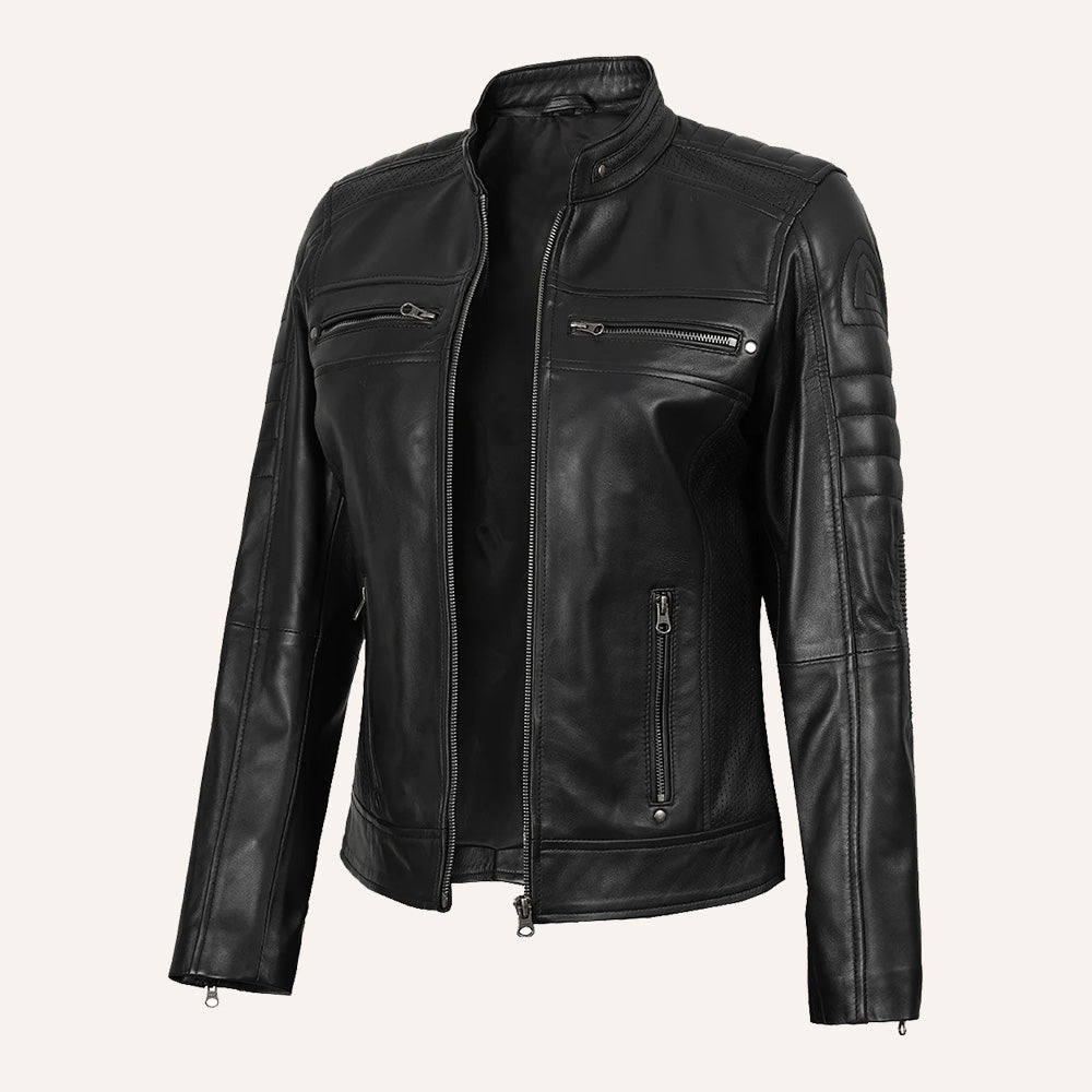 Women’s Classic Black Real Leather Racer Biker Jacket with Perforated Paneling