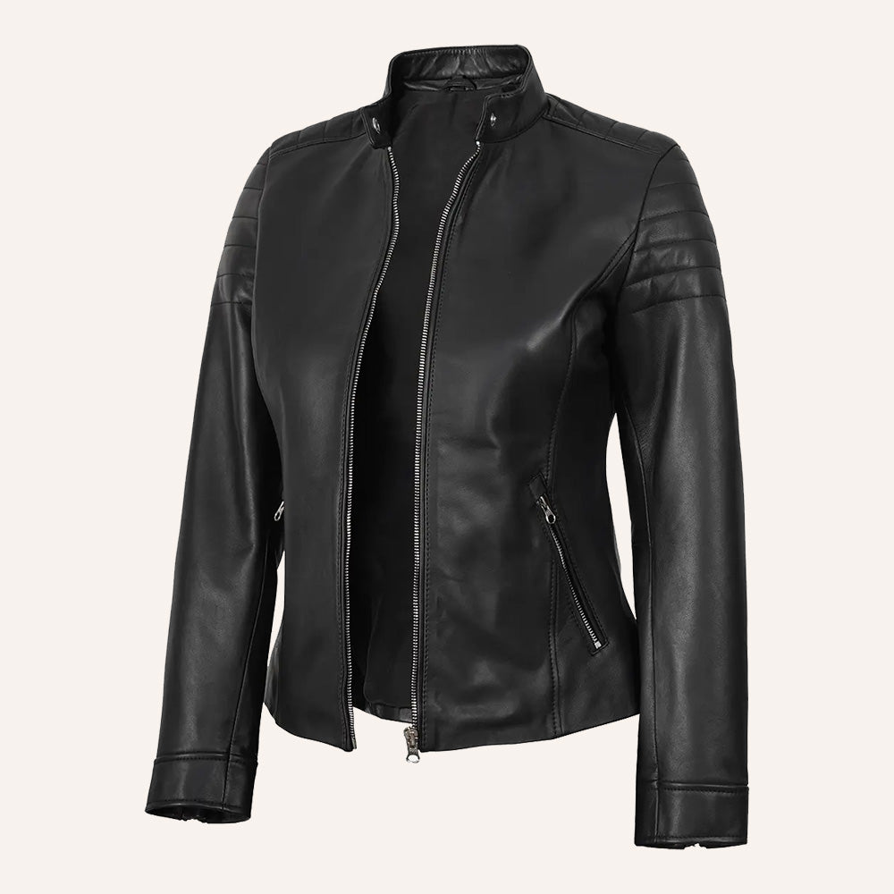 Women’s Classic Black Real Leather Cafe Racer Biker Jacket