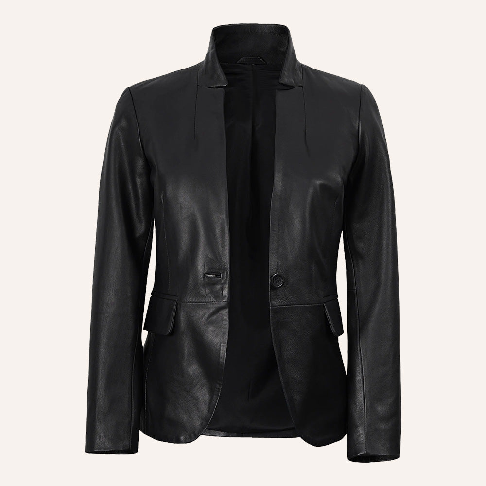 Women’s Classic Tailored Black Real Leather Belted Blazer Jacket