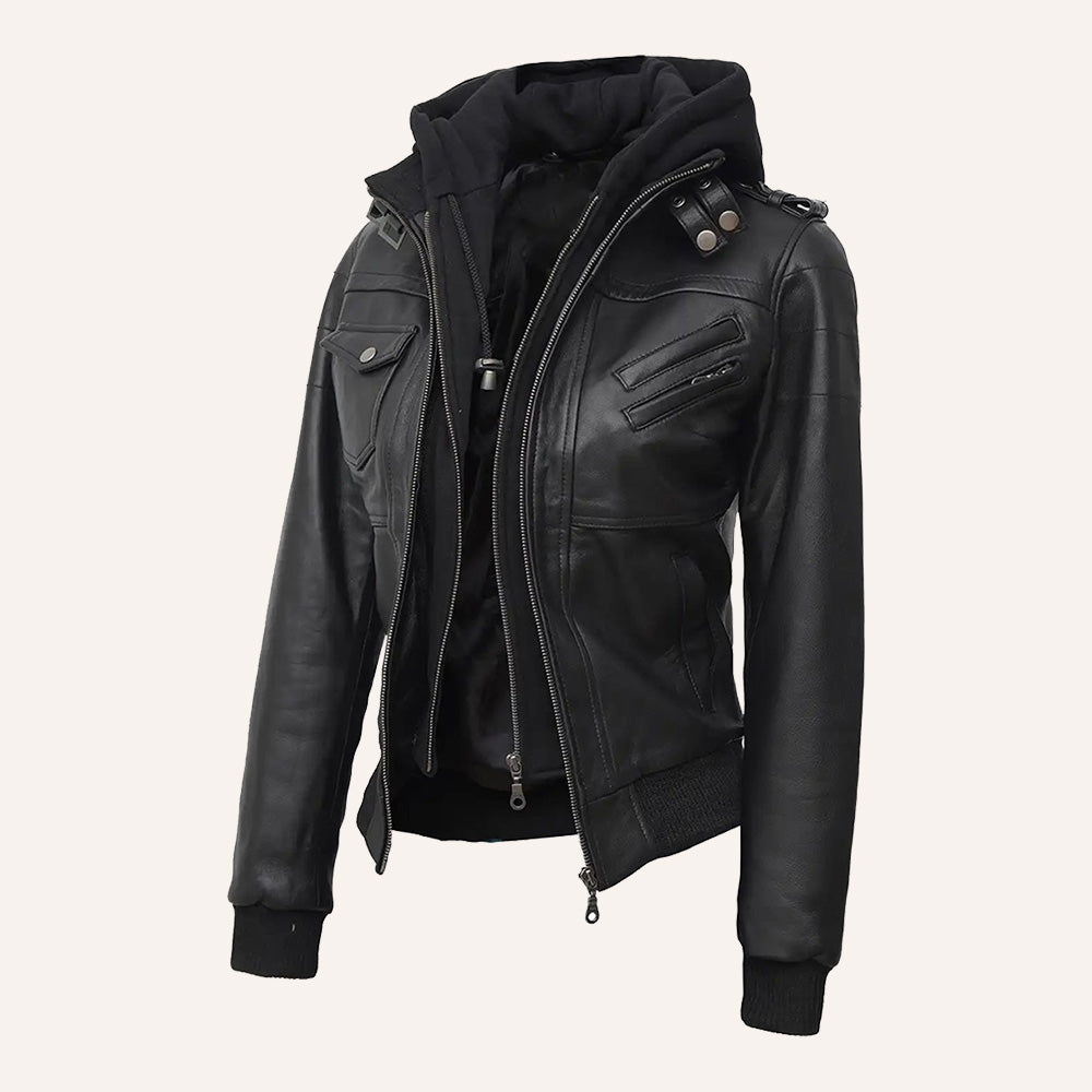 Women’s Classic Black Real Leather 2-in-1 Hooded Bomber Jacket with Removable Hood