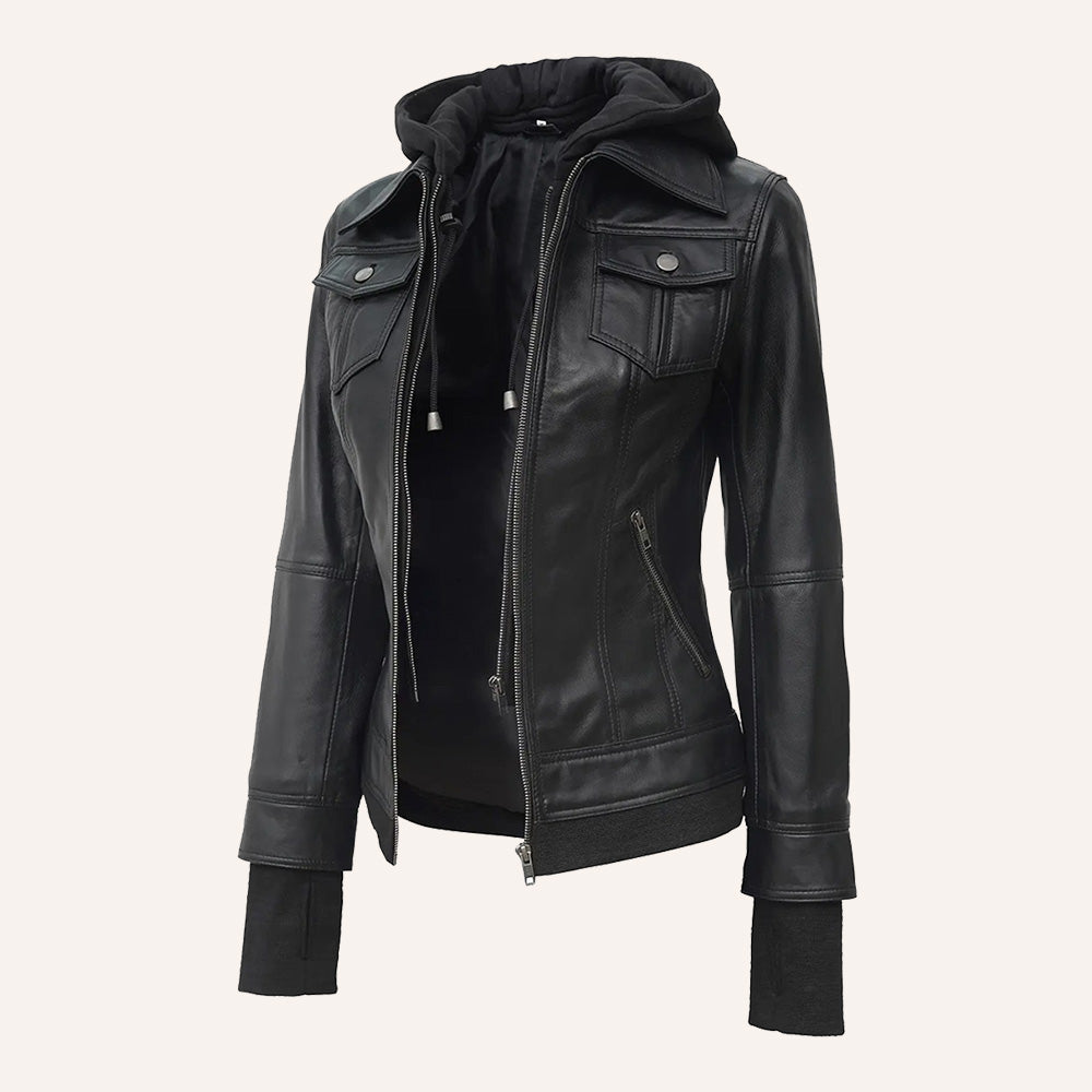 Women’s Classic Black Real Leather 2-in-1 Hooded Jacket with Removable Hood