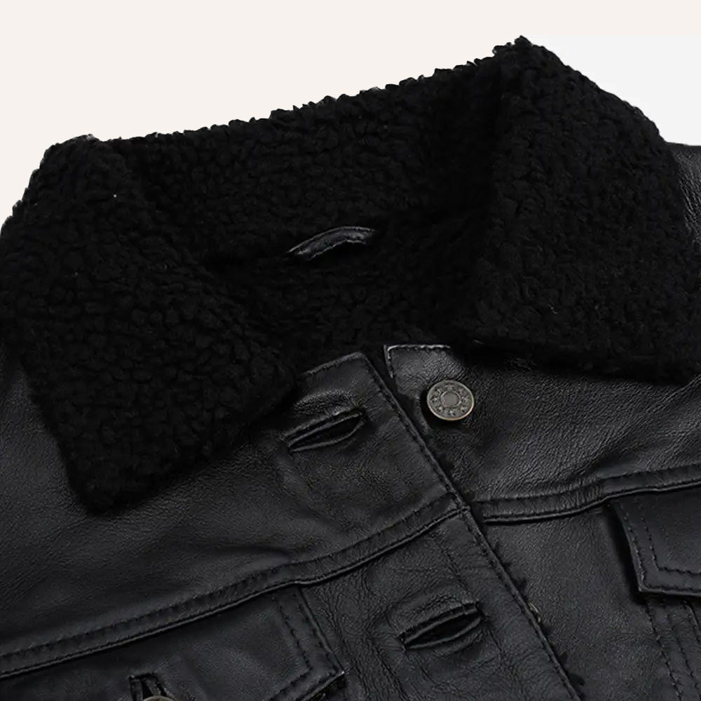 Women’s Classic Black Real Leather Trucker Jacket with Black Sherpa Collar