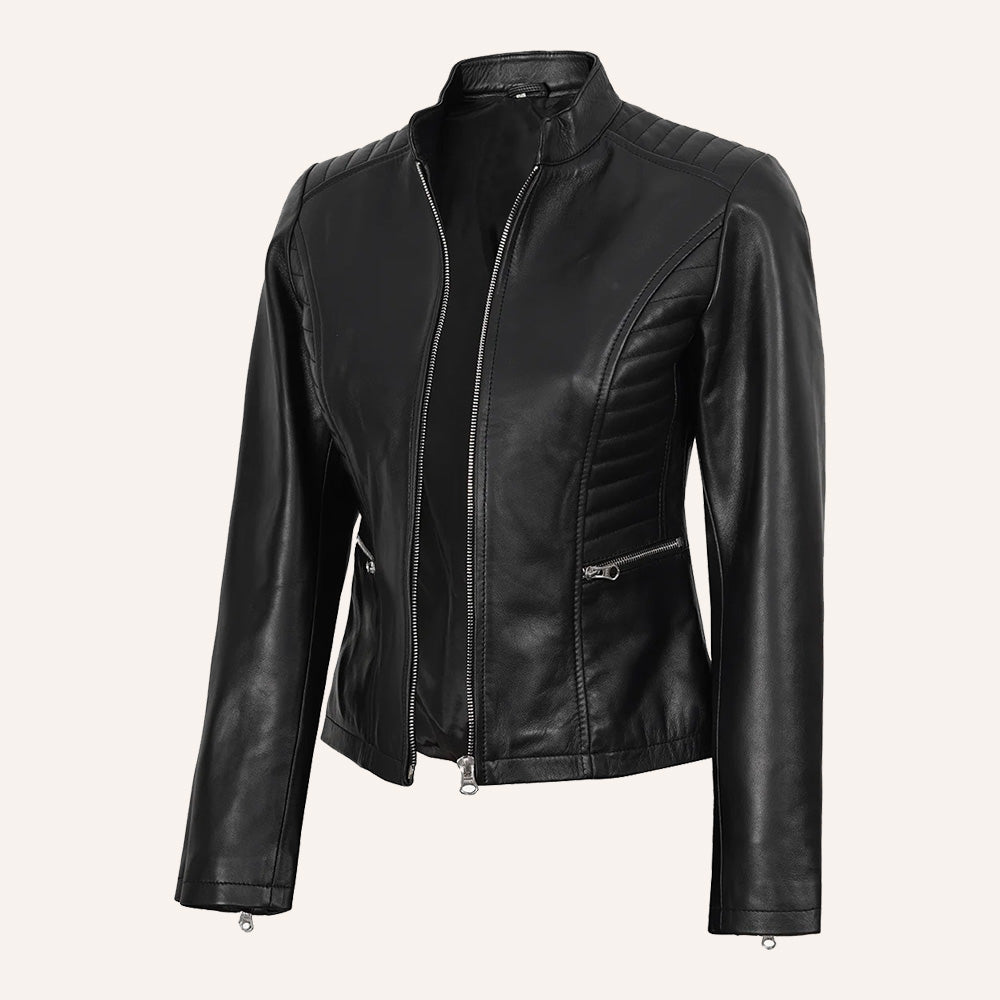 Women’s Classic Black Quilted Real Leather Racer Biker Jacket