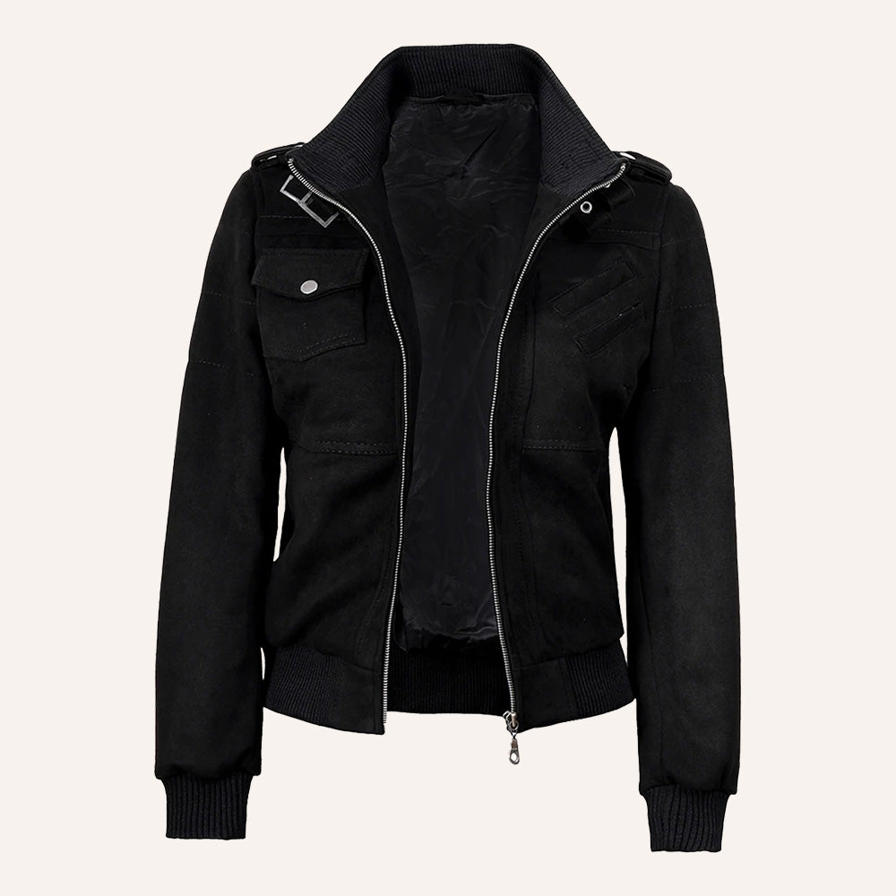 Women’s Black Suede 2-in-1 Hooded Bomber Jacket with Removable Hood