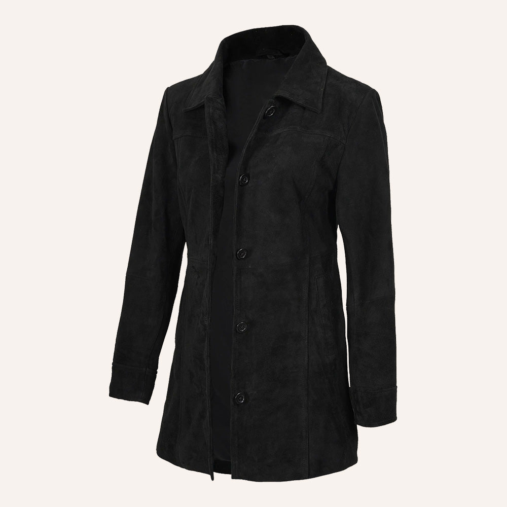 Women’s Vintage Black Suede Mid-Length Leather Coat