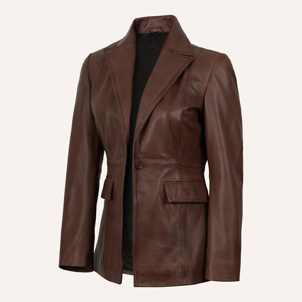Women’s Classic Tailored Chocolate Brown Real Leather Blazer Jacket