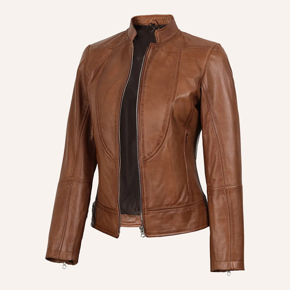 Women’s Classic Cognac Brown Real Leather Racer Biker Jacket