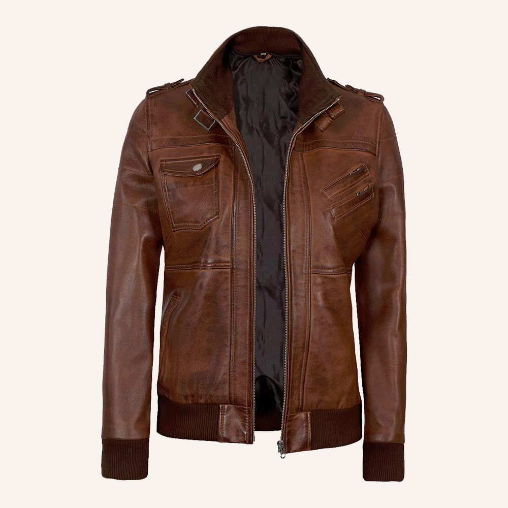 Women’s Classic Cognac Brown Real Leather 2-in-1 Hooded Bomber Jacket with Removable Hood