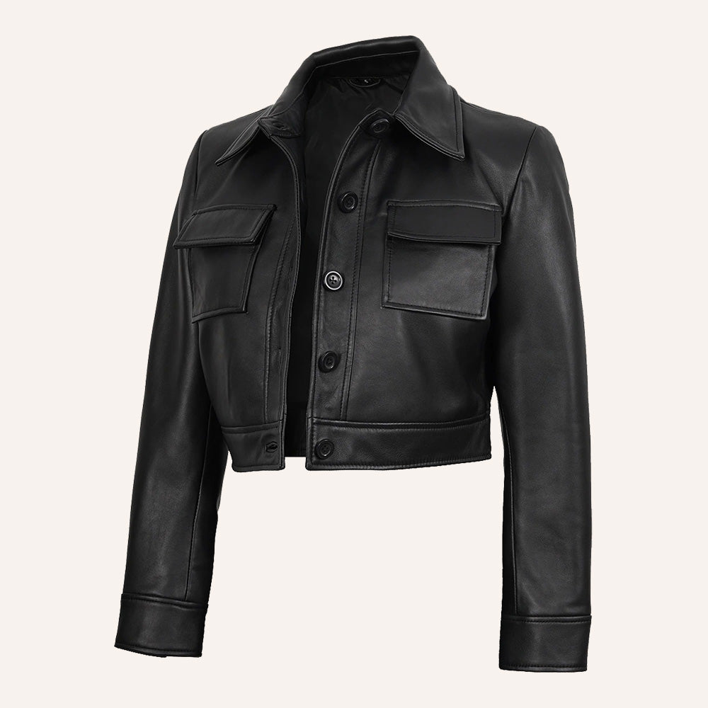 Women’s Classic Black Cropped Real Leather Trucker Jacket