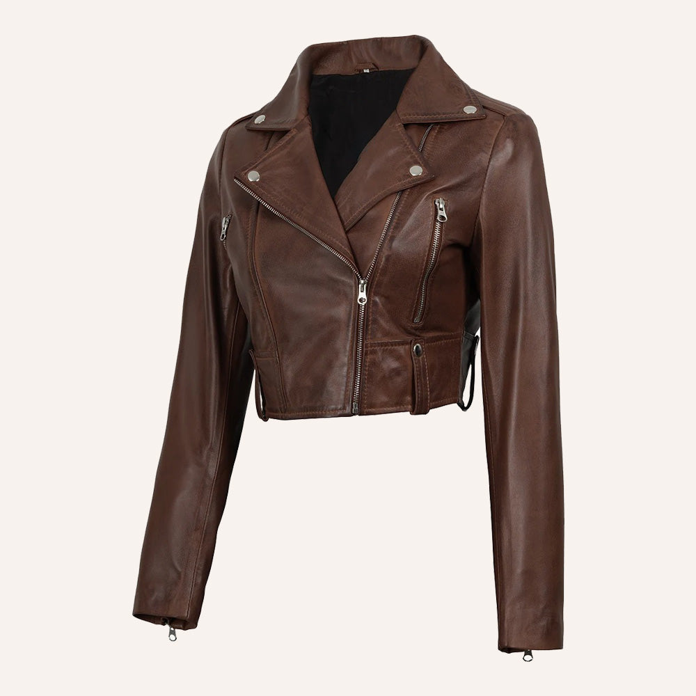 Women’s Classic Dark Brown Cropped Real Leather Biker Jacket
