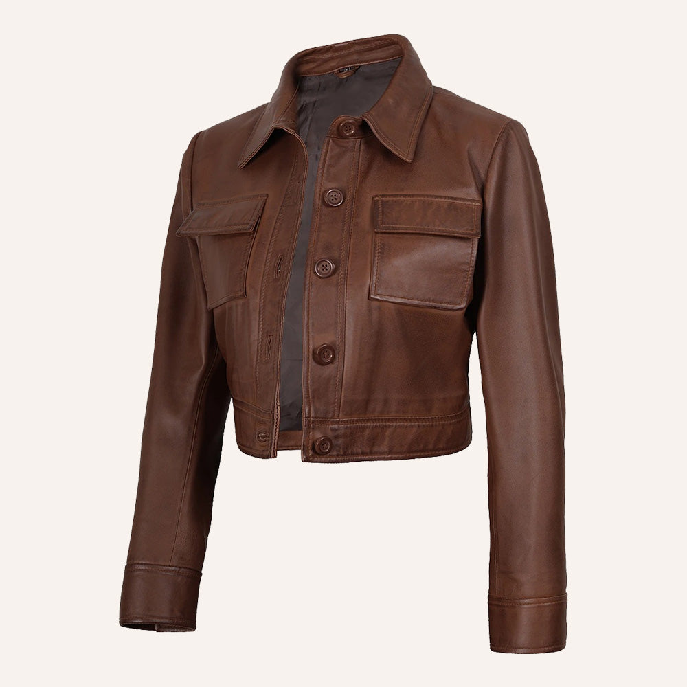 Women’s Classic Cognac Brown Cropped Real Leather Trucker Jacket