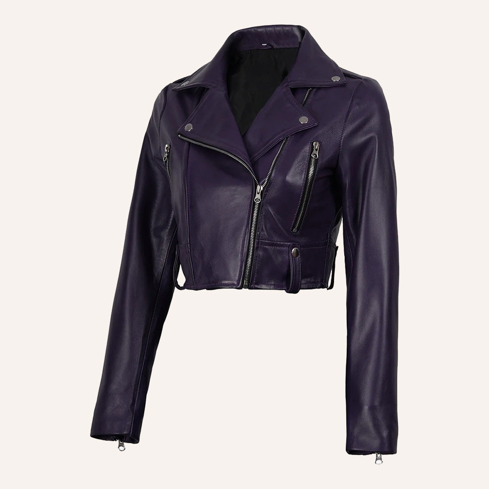 Women’s Classic Deep Purple Cropped Real Leather Biker Jacket
