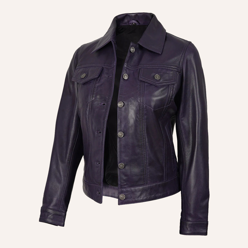 Women’s Classic Deep Purple Real Leather Trucker Jacket
